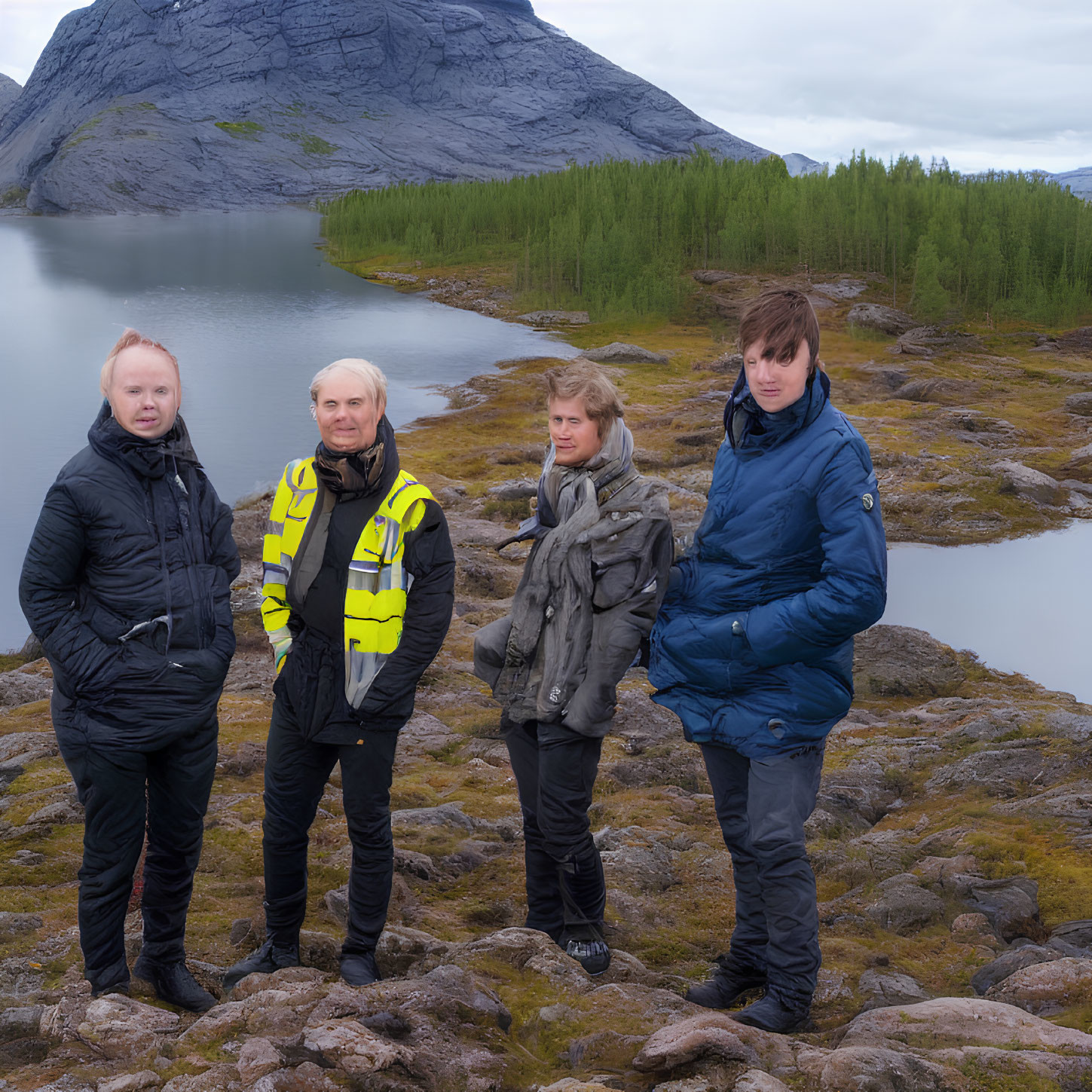 Group of four people in warm clothing on rocky terrain with lake and mountain background.