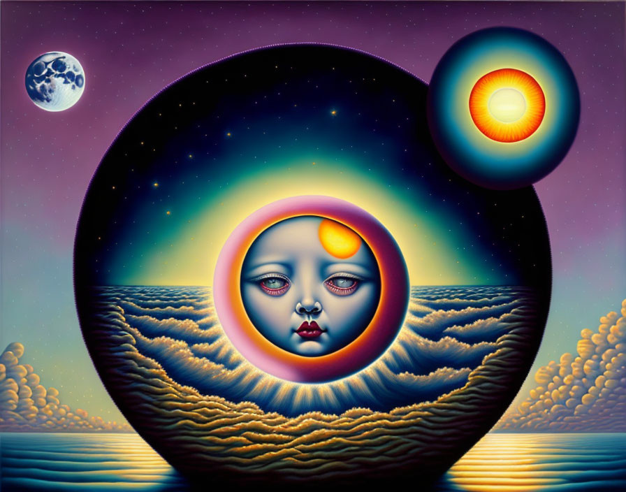 Cosmic surreal artwork with central face and ringed horizon