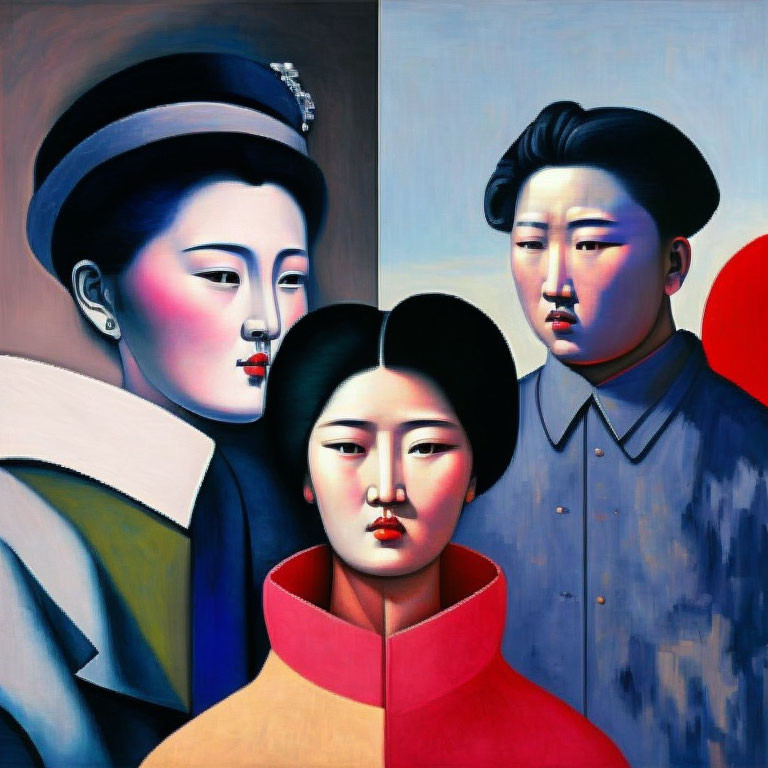 Stylized portraits of a woman and man with red cheeks on blue background