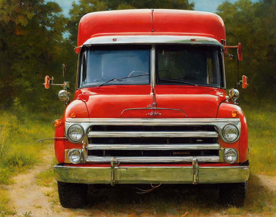 Classic Red Ford Truck on Grass with Trees - Vintage Design and Chrome Details