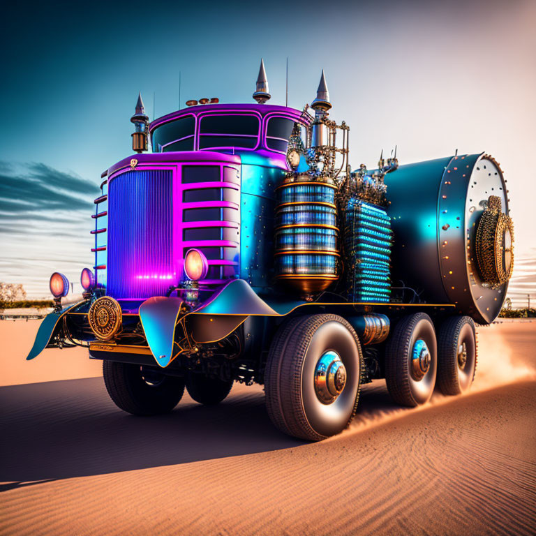 Ornate futuristic truck with neon lights in desert twilight