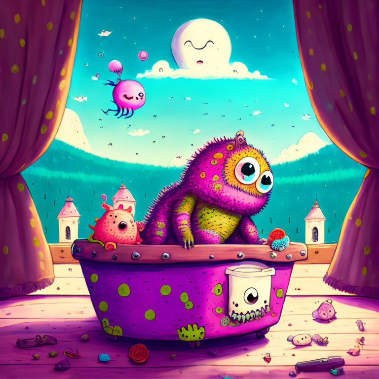 Whimsical pink monster bathes in purple tub with fantasy creatures