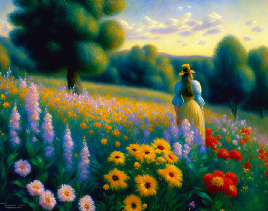 Woman in long dress and hat in vibrant flower field at sunset