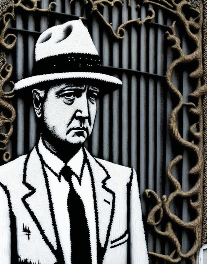 Monochrome mural featuring man in hat and suit with ornate frame