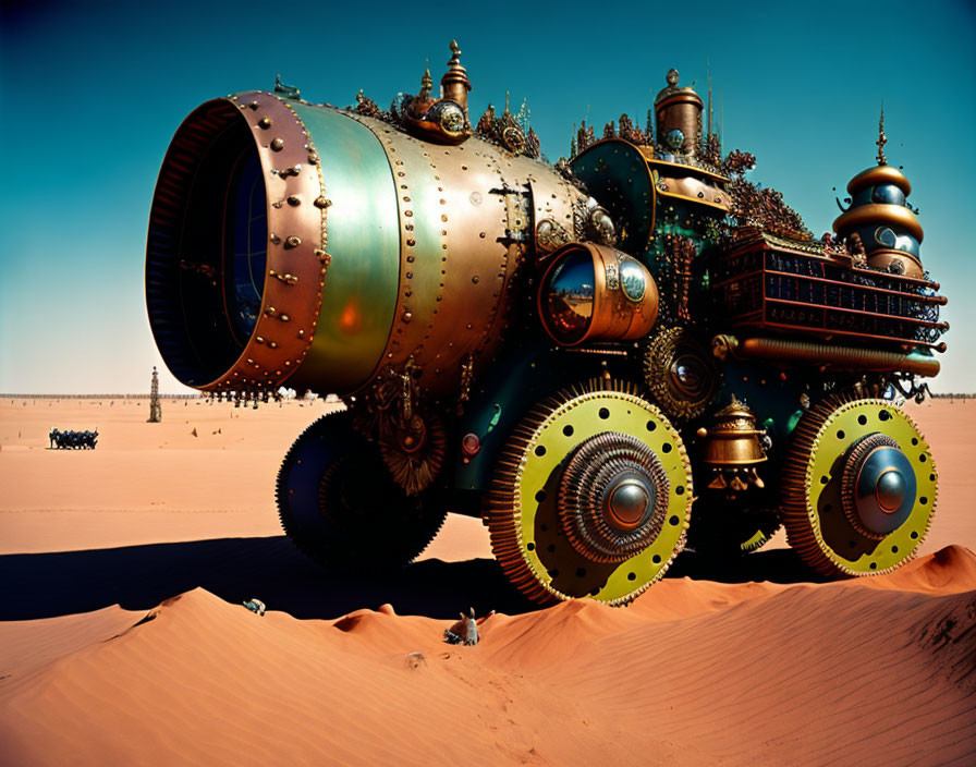 Steampunk-style locomotive in desert landscape under blue sky