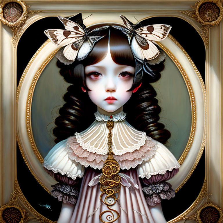 Victorian girl portrait with dark eyes and butterflies in gilded frame