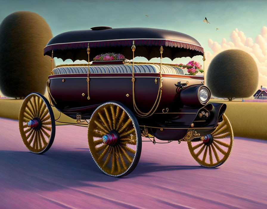 Vintage-style carriage with golden accents in surreal landscape