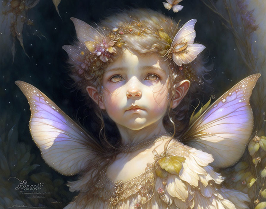 Fantasy illustration of young child with butterfly wings and natural elements