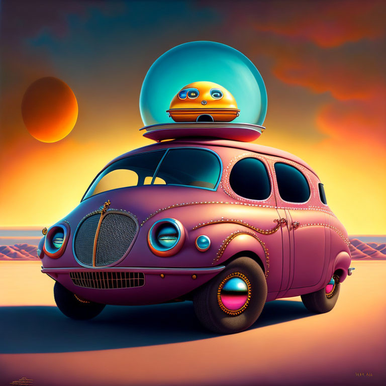 Pink retro-futuristic car with whimsical robot under surreal sunset.