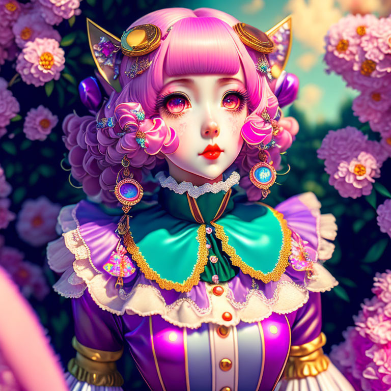 Anime-inspired digital artwork of girl with pink hair and cat ears in Victorian outfit