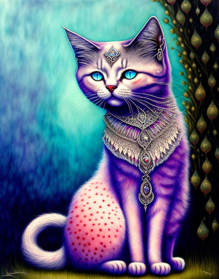 Blue cat illustration with jewelry on gradient background and peacock feather motif