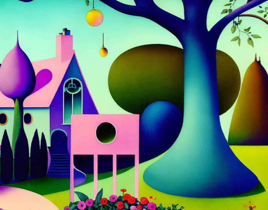 Whimsical purple house in surreal landscape