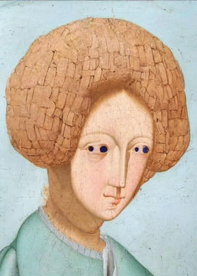 Medieval woman portrait with wimple, pale skin, and blue eyes