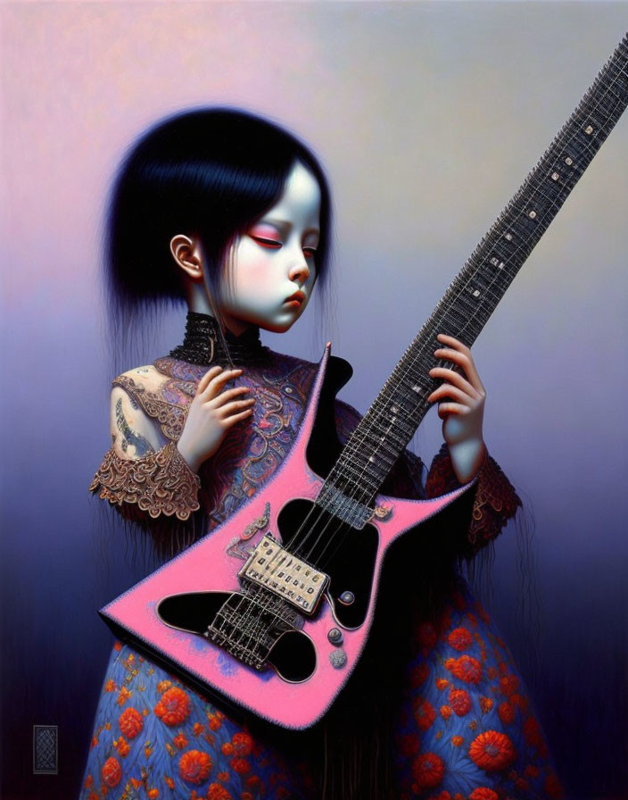 Stylized illustration of girl with black hair and pink electric guitar on gradient background