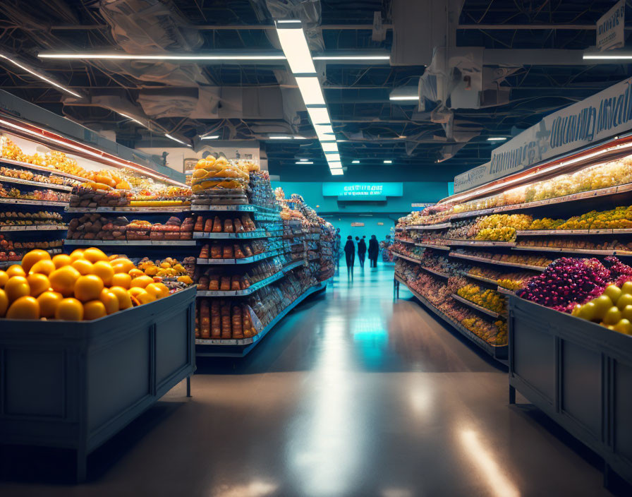 Vibrant fruit and vegetable displays in modern grocery store interior