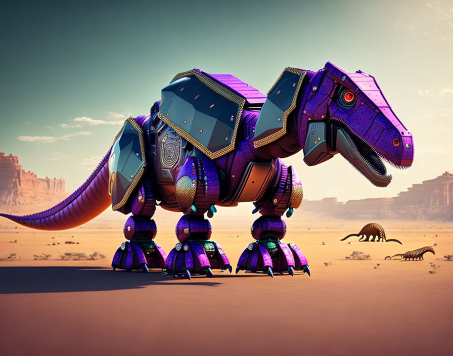 Intricate purple robotic dinosaur in desert landscape