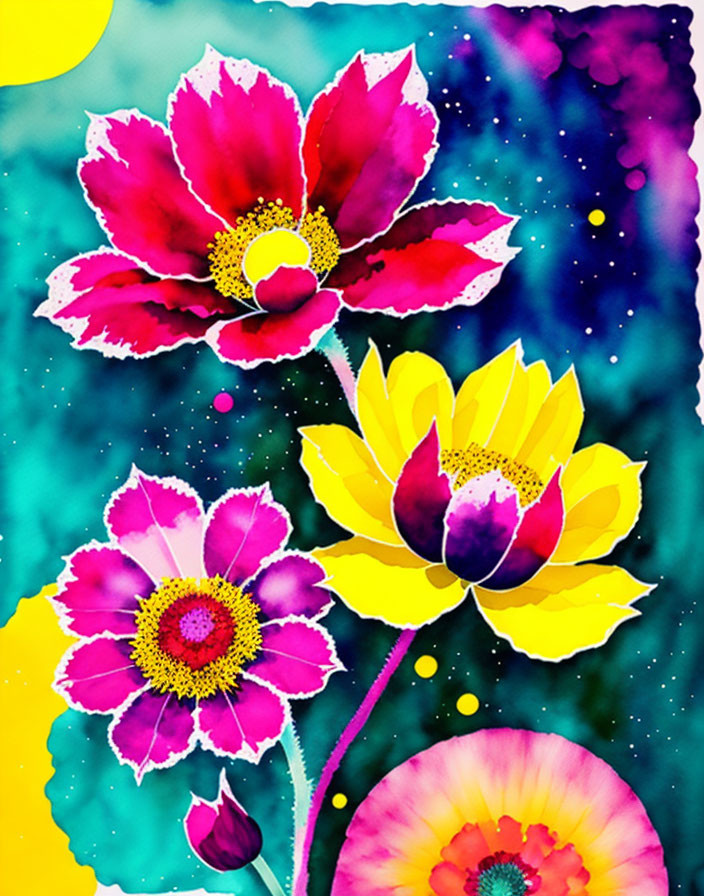 Colorful Watercolor Painting of Stylized Flowers on Turquoise Background