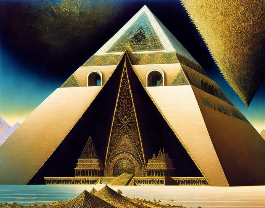 Surreal pyramid structures with geometric designs under starry sky