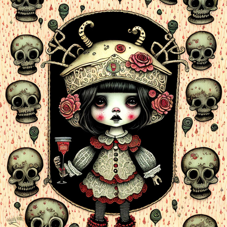 Gothic girl with large eyes, crown, skulls, roses, and goblet in macab