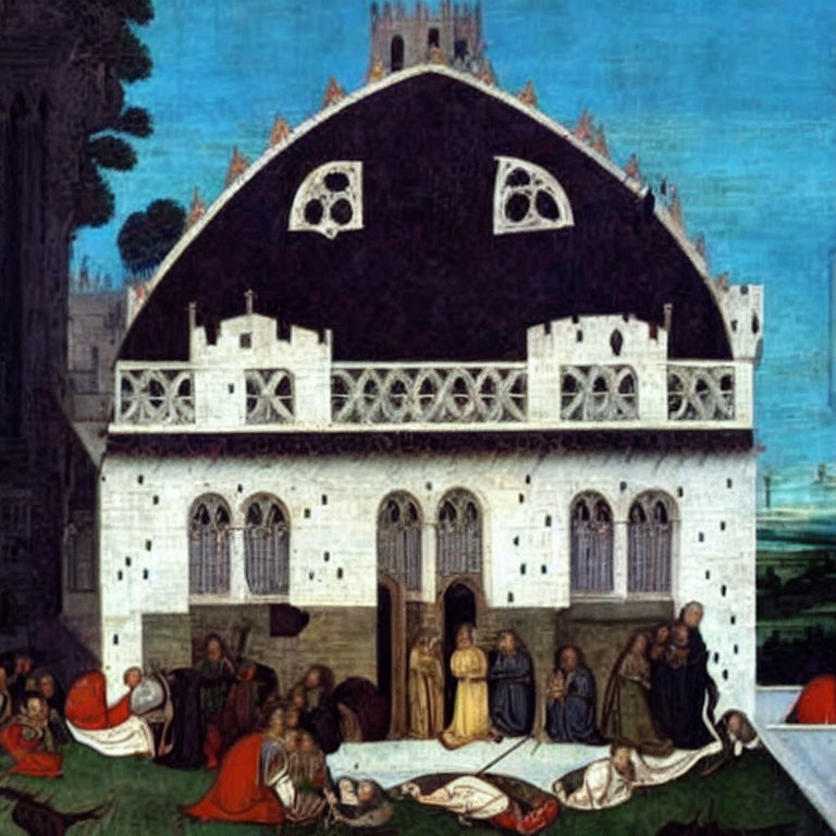 Medieval painting depicting people and Gothic building