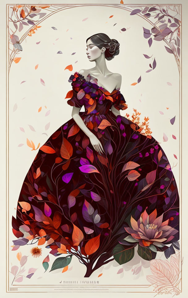 Illustrated lady in leafy dress merges with botanical theme.