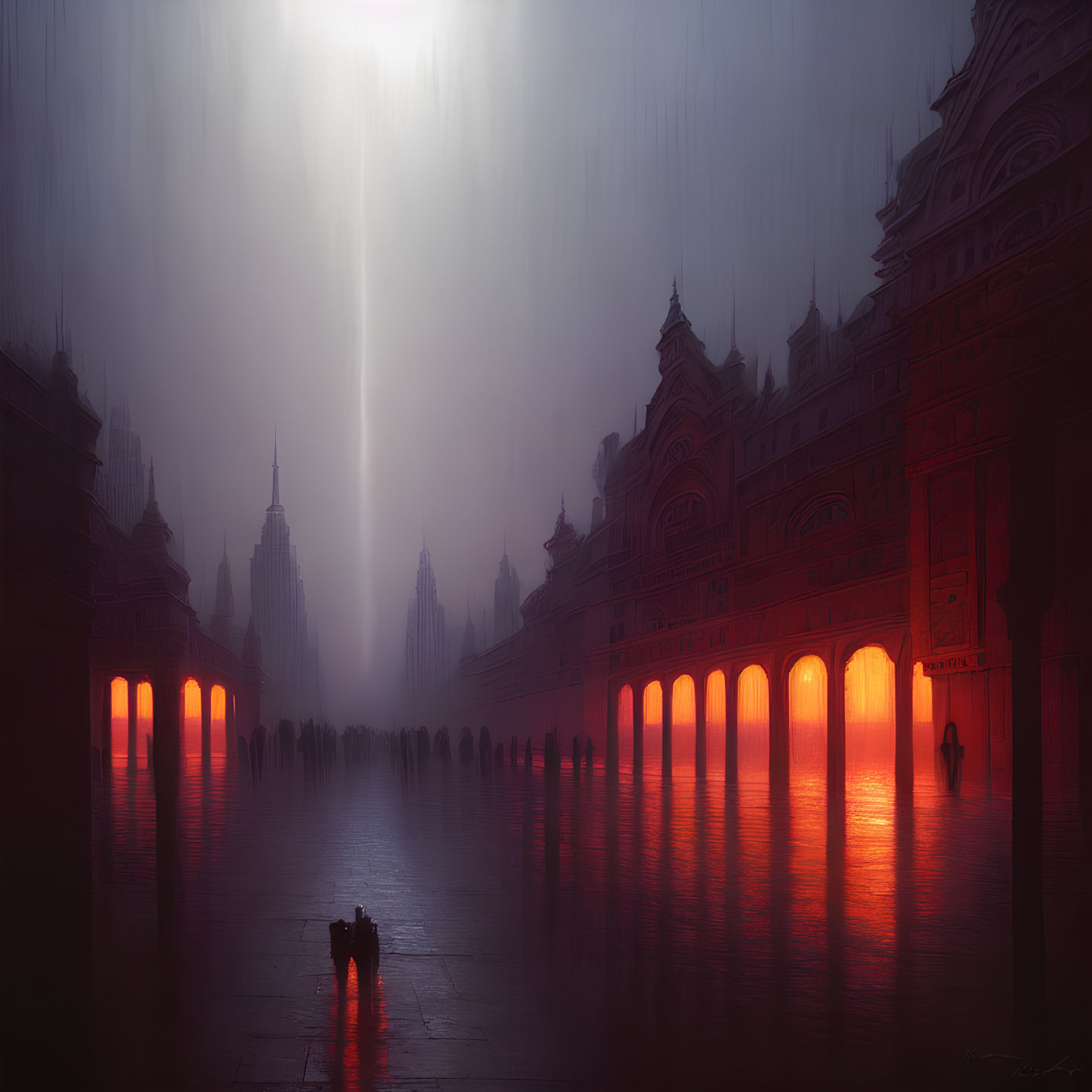 Rain-drenched courtyard with gothic architecture in red glow