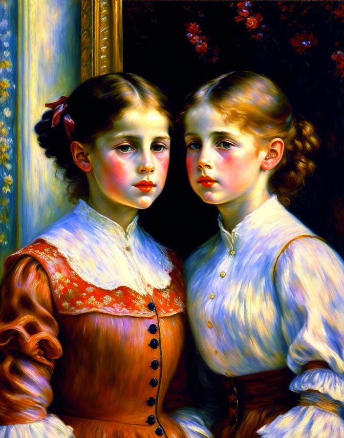 Victorian-era young girls with somber expressions against floral backdrop