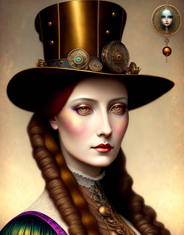 Portrait of woman with pale skin, rosy cheeks, brown top hat, and pendant with miniature portrait