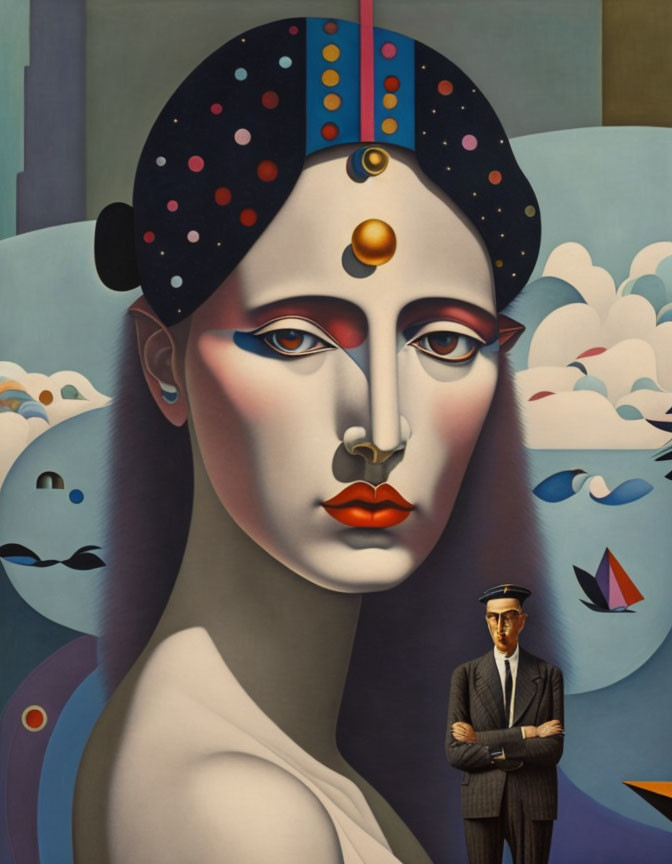 Surreal portrait of woman and man in suit against cloudy backdrop