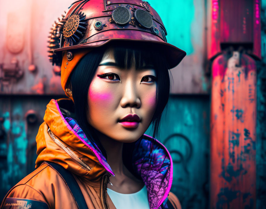 Woman with striking makeup in steampunk helmet and orange jacket among colorful metallic pipes