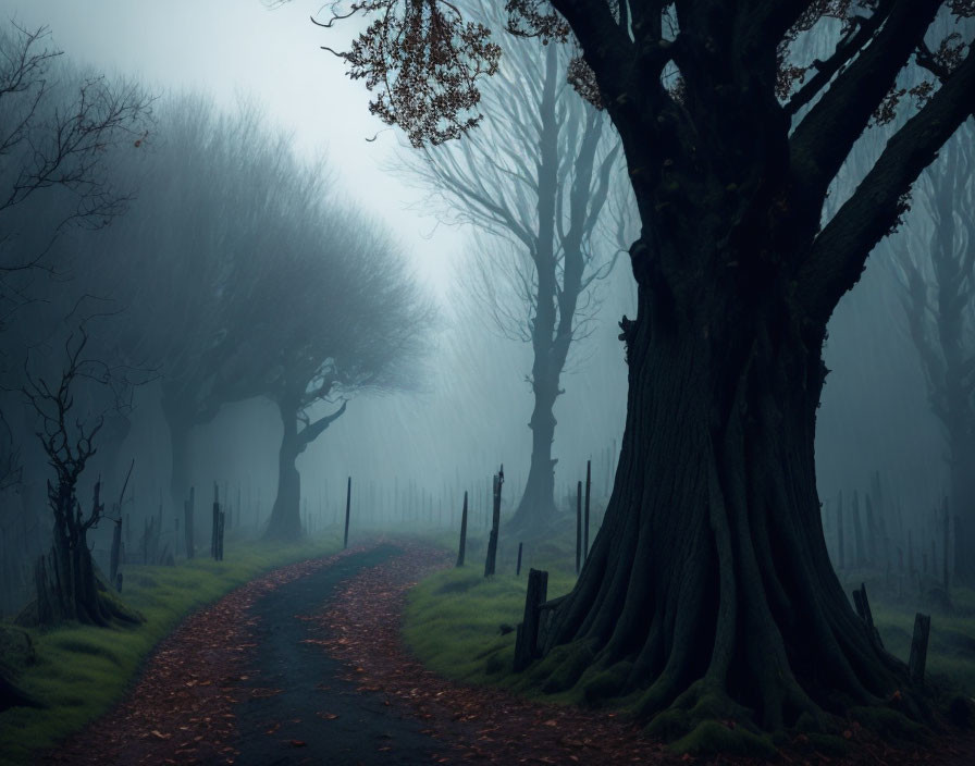 Misty path with bare trees and autumn branch for a mysterious vibe