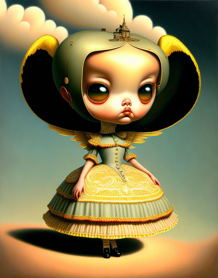 Surreal character with oversized helmet head and Victorian dress in cloudy setting