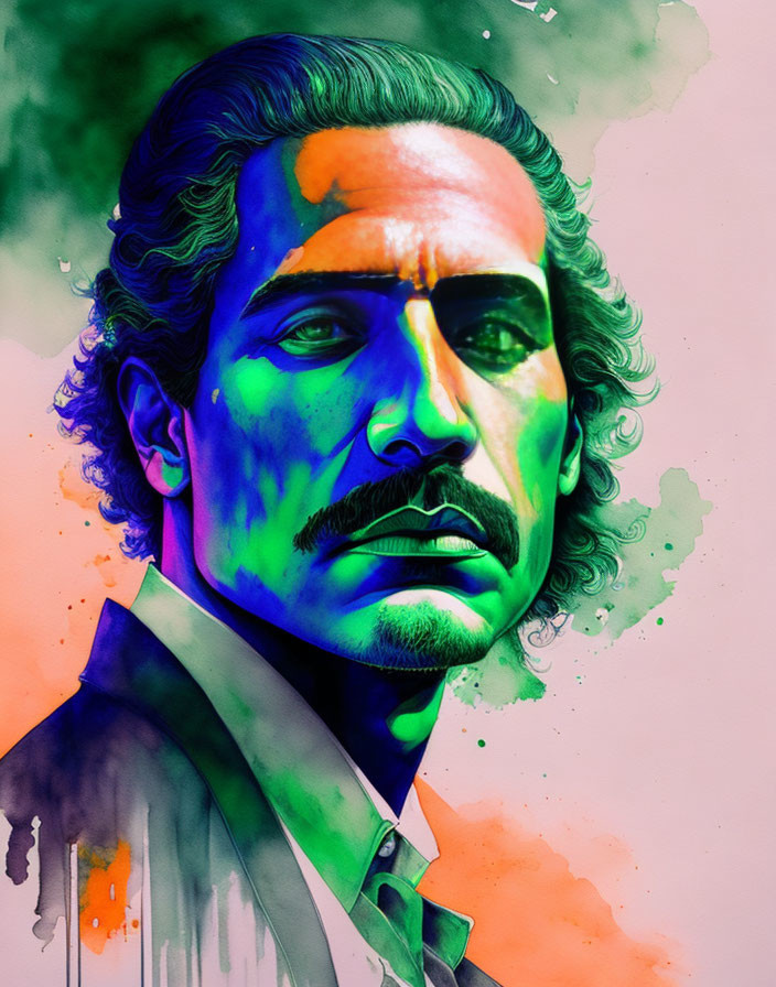 Colorful portrait of a man with a mustache on vibrant gradient background