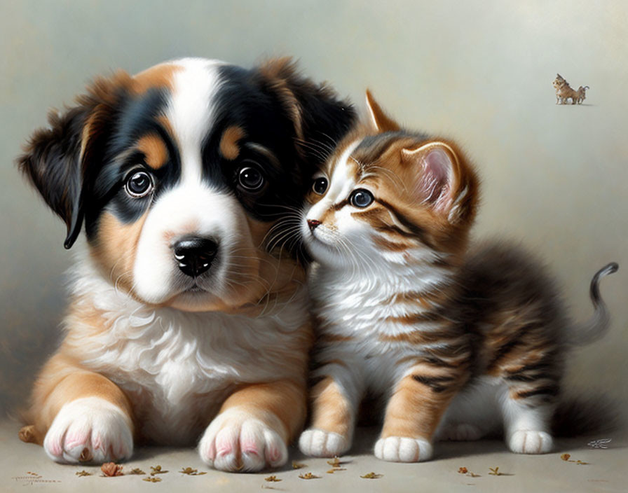 Bernese Mountain Dog Puppy, Tabby Kitten, and Miniature Horse in Peaceful Scene