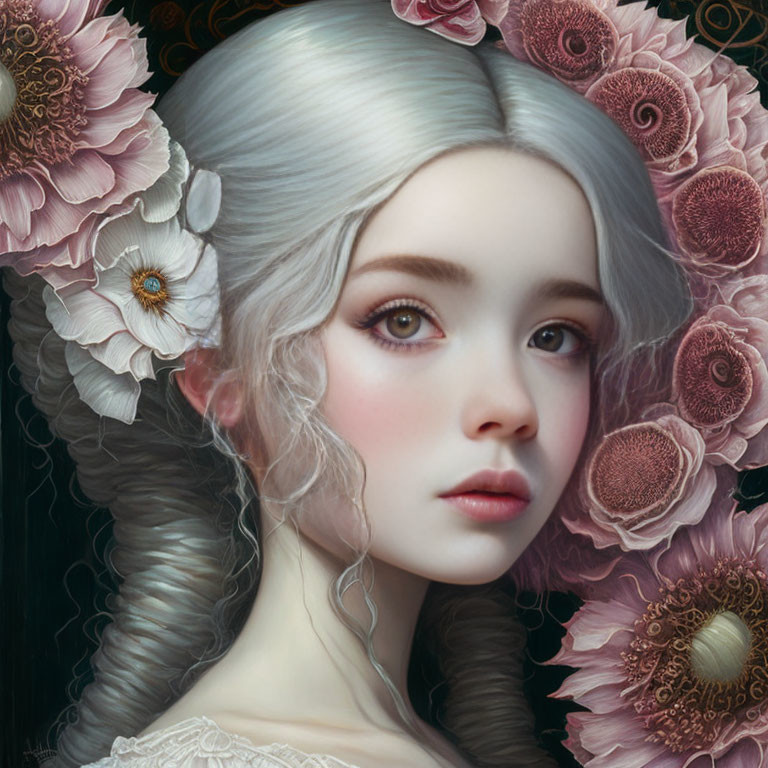 Digital painting of woman with pale skin, expressive eyes, silver hair, and pink flowers on dark background