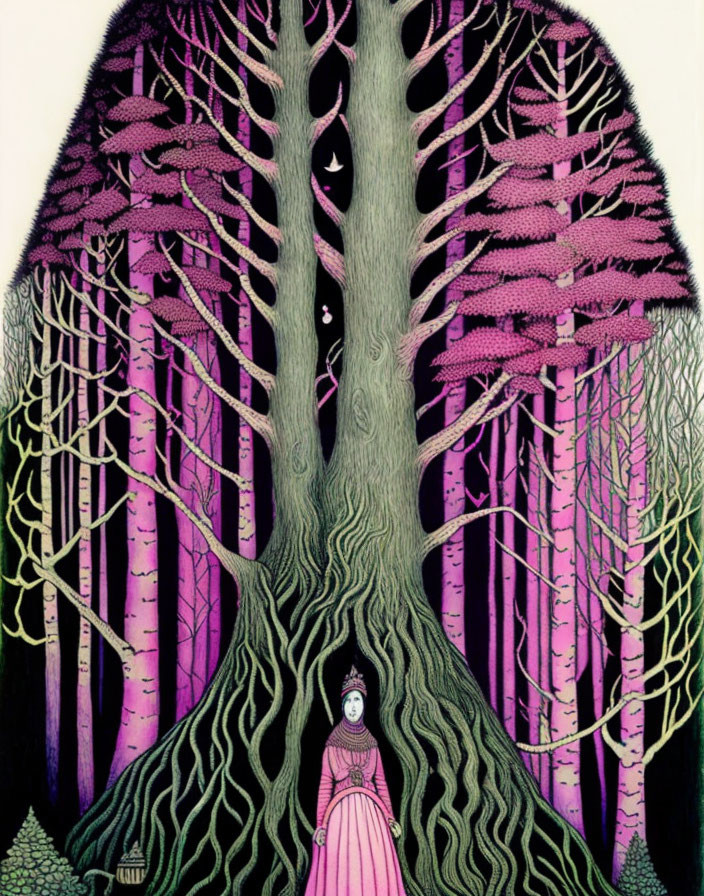 Illustration of Woman in Pink Dress by Stylized Tree in Mystical Forest