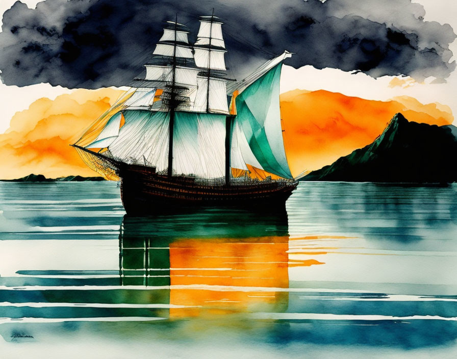 Vibrant watercolor painting of classic sailing ship at sea