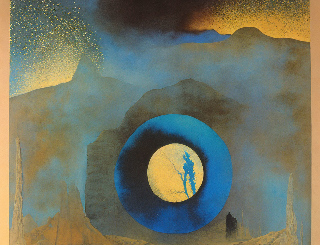 Abstract landscape with starry sky, golden cliffs, blue circular eye, and silhouetted figure