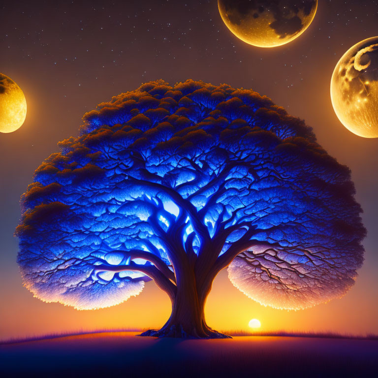 Lush tree illustration under twilight sky with multiple moons and stars