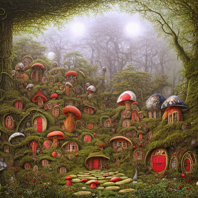 Enchanting Forest with Whimsical Mushroom Houses and Red Doors