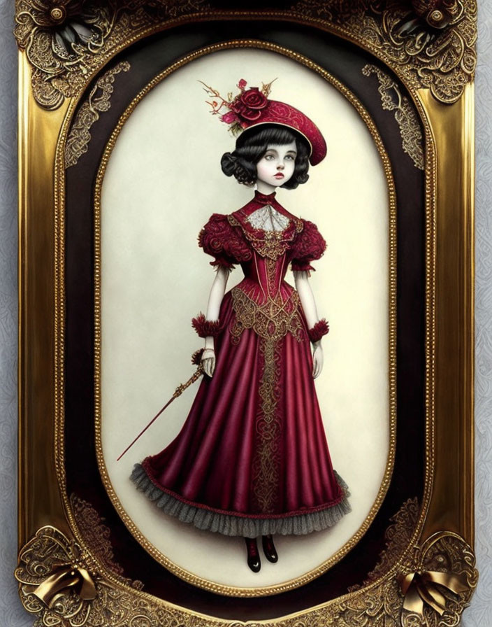 Victorian-style gothic doll in burgundy dress with scepter in ornate golden frame