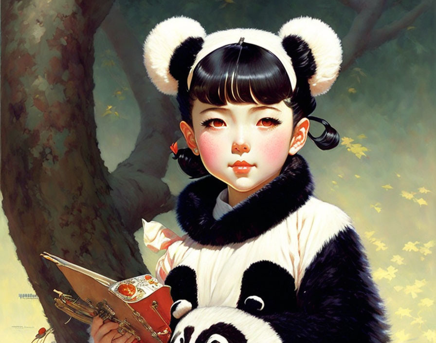 Illustration of girl in panda outfit with sketchbook under falling leaves