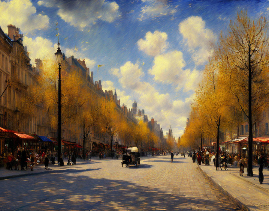 Pedestrians, trees, horse-drawn carriage in Parisian street scene