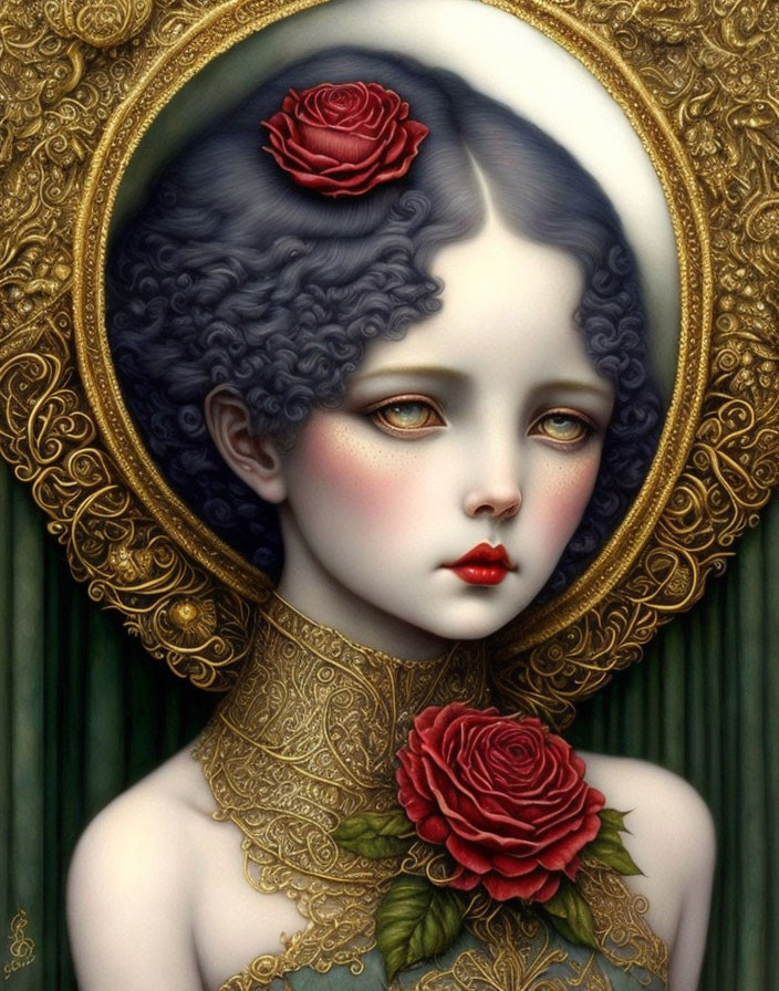 Illustration: Pale girl with dark hair, red roses, and ornate gold details