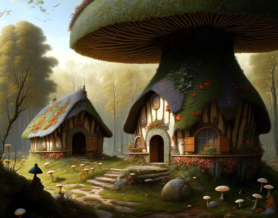 Whimsical forest scene with mushroom-shaped houses and misty backdrop