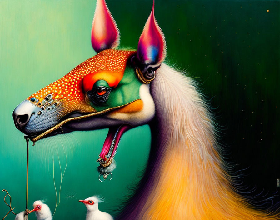 Colorful surreal painting: anthropomorphic creature with spotted snout and birds.