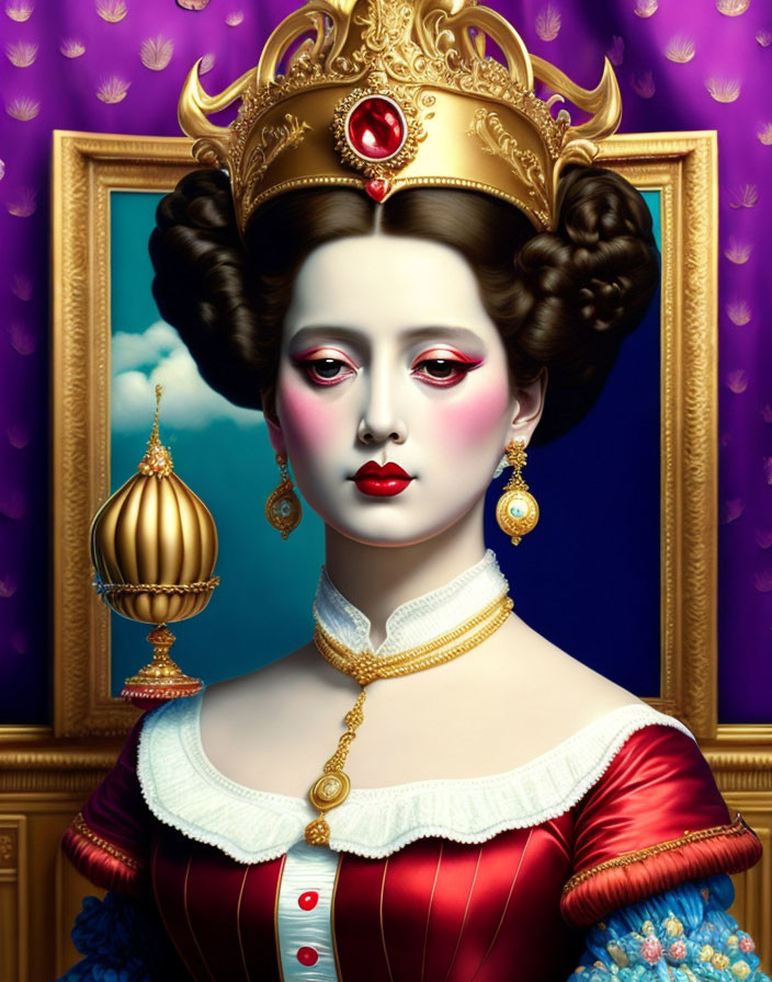 Illustrated woman in red & blue dress with gold crown on purple background