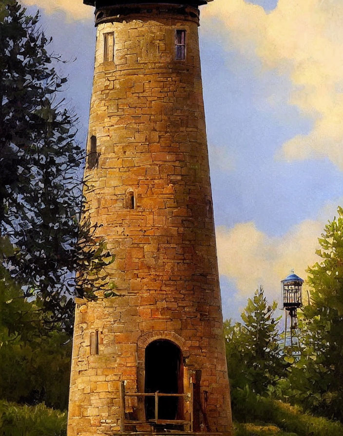 Old stone lighthouse amidst green trees and blue sky