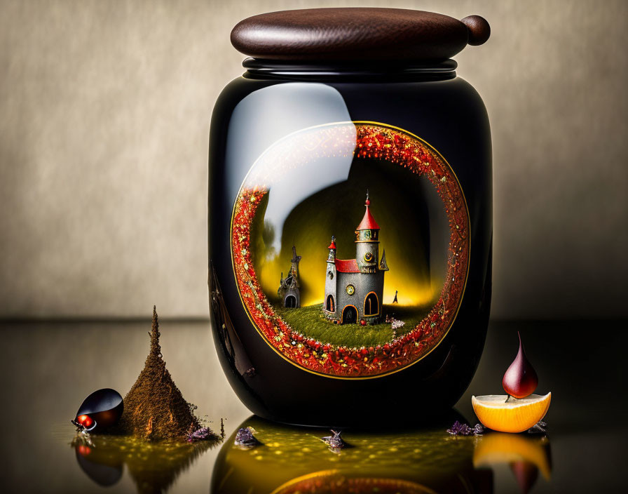 Artistic depiction of stylized jar with reflective surface showing fantastical landscape and castle.