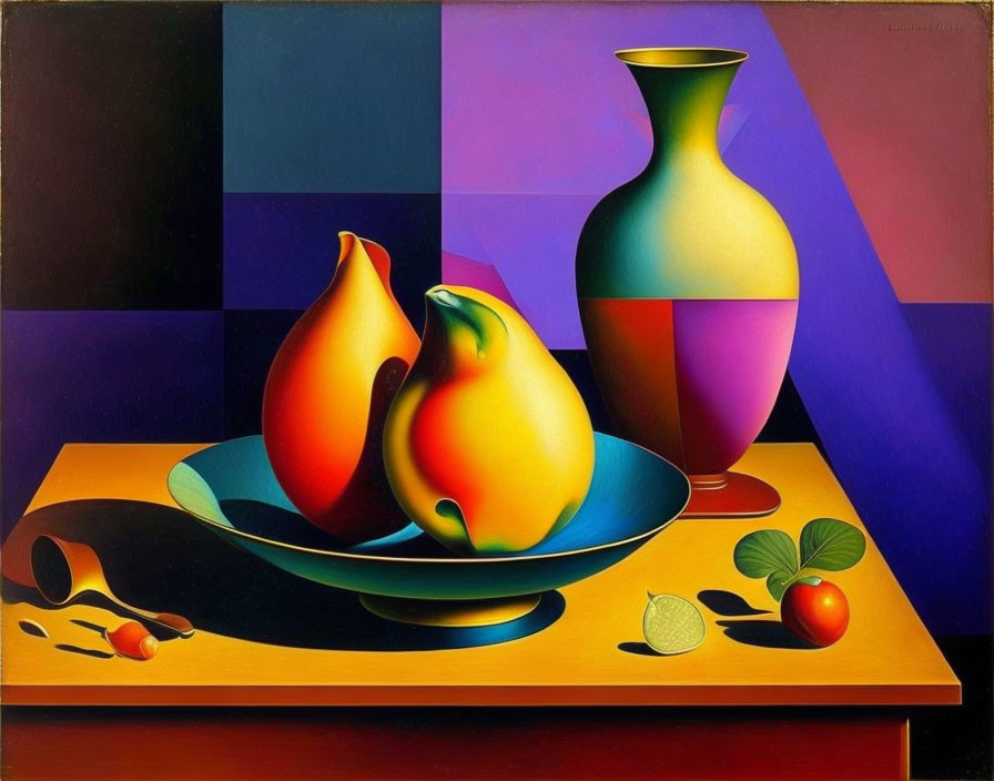 Hyper-realistic still life painting with fruit, blue bowl, vase, and vibrant background.